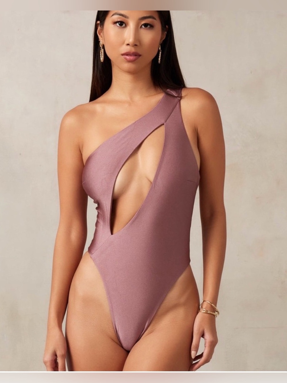 MBM Asymmetric One-Shoulder Cutout Bodysuit/Swimsuit in Dusty Rose